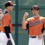 Baltimore Orioles relief pitcher Darren O'Day, right, talks with teammate pitcher Mark Hendrickson, left, during a baseball spring training workout Saturday, Feb. 16, 2013, in Sarasota, Fla. (AP Photo/Charlie Neibergall)
