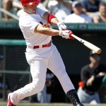 St. Louis Cardinals' Carlos Beltran strikes out swinging during the third inning of a spring training baseball game against the Miami Marlins, Monday, March 5, 2012, in Jupiter, Fla. (AP Photo/Jeff Roberson)
