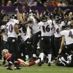 Baltimore Ravens players celebrate after defeating the San Francisco 49ers 34-31 in the NFL Super Bowl XLVII football game, Sunday, Feb. 3, 2013, in New Orleans. (AP Photo/Mark Humphrey)