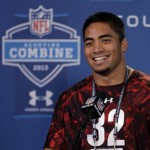 Notre Dame linebacker Manti Te'O answers a question during a news conference at the NFL football scouting combine in Indianapolis, Saturday, Feb. 23, 2013. (AP Photo/Michael Conroy)
