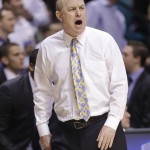 UCLA coach Ben Howland reacts to a charging call on Shabazz Muhammad in the first half of an NCAA college basketball game against Oregon in the Pac-12 Conference tournament, Saturday, March 16, 2013, in Las Vegas. (AP Photo/Julie Jacobson)

