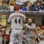 Arizona Diamondbacks' Paul Goldschmidt returns to the dugout after hitting a solo homer against the San Diego Padres in the sixth inning of a baseball game Tuesday, Sept. 24, 2013, in San Diego. (AP Photo/Lenny Ignelzi )