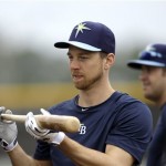 Tampa Bay Rays second baseman Ben Zobrist holds his bat as he waits to hit during a spring training workout Thursday, Feb. 14, 2013, in Port Charlotte, Fla. (AP Photo/Chris O'Meara)