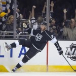Los Angeles Kings center Jeff Carter celebrates his goal against the San Jose Sharks during the first period in Game 2 of a second-round NHL hockey Stanley Cup playoff series, Thursday, May 16, 2013, in Los Angeles. (AP Photo/Mark J. Terrill)
