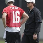 Carolina Panthers offensive coordinator Mike Shula, right, talks with quarterback Colby Cameron, left, during an NFL football rookie camp in Charlotte, N.C., Saturday, May 11, 2013. (AP Photo/Chuck Burton)
