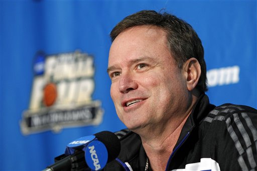 Kansas head coach Bill Self talks to reporters during a news conference in New Orleans, Thursday, M...