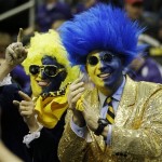 La Salle fans Daniel DeSefano, left, and Douglas LeVien cheer for their team before the start of a second-round game against Kansas State in the NCAA basketball tournament at the Sprint Center in Kansas City, Mo., Friday, March 22, 2013. (AP Photo/Orlin Wagner)