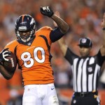 Denver Broncos tight end Julius Thomas (80) celebrates his touchdown against the Baltimore Ravens during the first half of an NFL football game, Thursday, Sept. 5, 2013, in Denver. (AP Photo/Jack Dempsey)