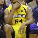 Marquette forward Davante Gardner (54) sits on the bench during the second half of the East Regional final in the NCAA men's college basketball tournament against Syracuse, Saturday, March 30, 2013, in Washington. Syracuse won 55-39. (AP Photo/Alex Brandon)