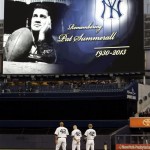 A tribute to former New York Giants place kicker and broadcaster Pat Summerall appears on the scoreboard before a baseball game between the New York Yankees and the Arizona Diamondbacks at Yankee Stadium in New York, Tuesday, April 16, 2013. Fox Sports spokesman Dan Bell said Tuesday that Summerall has died at the age of 82. Players wore the No. 42 on their jerseys as part of a Jackie Robinson Day celebration. (AP Photo/Kathy Willens)
