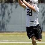 Oakland Raiders rookie tight end Nick Kasa catches a pass during NFL football rookie minicamp at the team's training facility in Alameda, Calif., Saturday, May 11, 2013. (AP Photo/Tony Avelar)
