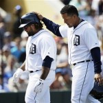 Detroit Tigers' Prince Fielder, left, is congratulate by teammate Miguel Cabrera after hitting a two-run home run in the first inning of a baseball spring training exhibition game against the Atlanta Braves, Wednesday, Feb. 27, 2013, in Lakeland, Fla. (AP Photo/Charlie Neibergall)