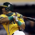  Oakland Athletics Yoenis Cespedes singles to break up a no-hitter in the seventh inning of Game 5 of an American League baseball division series against the Detroit Tigers in Oakland, Calif., Thursday, Oct. 10, 2013. (AP Photo/Marcio Jose Sanchez)