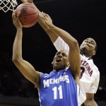 Memphis forward Wesley Witherspoon shoots as Arizona guard/forward Kevin Parrom defends in the first half of a West Regional NCAA tournament second round college basketball game, Friday, March 18, 2011 in Tulsa, Okla. (AP Photo/Charlie Riedel)