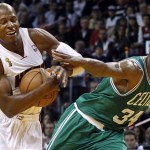 Boston Celtics' Paul Pierce (34) fouls Miami Heat's Ray Allen, left, during the first half of an NBA basketball game, Tuesday, Oct. 30, 2012, in Miami. (AP Photo/J Pat Carter)