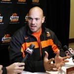 Oklahoma State defensive end Jamie Blatnick answers reporters' questions concerning Stanford during a news conference prior to the Fiesta Bowl college football game Wednesday, Dec. 28, 2011 in Scottsdale, Ariz. Oklahoma State will play Stanford in the Fiesta Bowl Monday, Jan. 2. (AP Photo/Paul Connors)