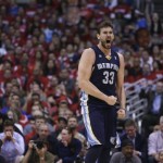 Memphis Grizzlies' Marc Gasol, of Spain, reacts to his basket and a foul call on the Los Angeles Clippers during the first half in Game 5 of a first-round NBA basketball playoff series in Los Angeles, Tuesday, April 30, 2013. (AP Photo/Jae C. Hong)