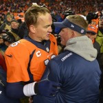 Denver Broncos quarterback Peyton Manning, left, greets San Diego Chargers coach Mike McCoy after the Broncos beat the Chargers 24-17 in an NFL AFC division playoff football game, Sunday, Jan. 12, 2014, in Denver. (AP Photo/Jack Dempsey)
