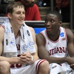 Indiana forward Cody Zeller, left, and guard Victor Oladipo smile on the bench in the closing minute of Indiana's 83-62 win over James Madison in a second-round game at the NCAA men's college basketball tournament, Friday, March 22, 2013, in Dayton, Ohio. (AP Photo/Skip Peterson)
