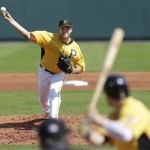 Pittsburgh Pirates' Jameson Taillon throws a pitch during a baseball spring training intrasquad game, Friday, Feb. 22, 2013, in Bradenton, Fla. (AP Photo/Charlie Neibergall)