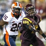 Arizona State wide receiver Rashad Ross (15) can't pull in a pass as Illinois defensive back Justin Green (26) defends during the first half of an NCAA college football game, Saturday, Sept. 8, 2012, in Tempe, Ariz. (AP Photo/Matt York)
