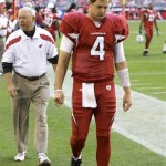 Arizona Cardinals' Kevin Kolb (4) walks off the field after an injury during the first quarter in an NFL football game against the San Francisco 49ers, Sunday, Dec. 11, 2011, in Glendale, Ariz.(AP Photo/Paul Connors)