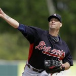 Atlanta Braves starting pitcher Tim Hudson throws during a baseball spring training exhibition game against the Detroit Tigers, Wednesday, Feb. 27, 2013, in Lakeland, Fla. (AP Photo/Charlie Neibergall)