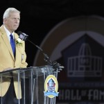 Hall of Fame inductee Bill Parcells speaks during the induction ceremony at the Pro Football Hall of Fame Saturday, Aug. 3, 2013, in Canton, Ohio. (AP Photo/David Richard)
