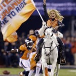 Thunder leads the Denver Broncos players onto the field before the NFL Super Bowl XLVIII football game against the Seattle Seahawks Sunday, Feb. 2, 2014, in East Rutherford, N.J. (AP Photo/Ben Margot)