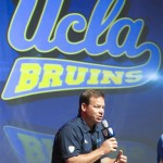 UCLA football coach Jim Mora takes questions at 
the Pac-12 college football media day in Los 
Angeles Tuesday, July 24, 2012. (AP 
Photo/Damian Dovarganes)