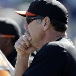 San Francisco Giants manager Bruce Bochy watches batting practice during a spring training baseball workout Saturday, Feb. 16, 2013, in Scottsdale, Ariz. (AP Photo/Darron Cummings)
