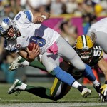 Green Bay Packers' Clay Matthews (52) sacks Detroit Lions quarterback Matthew Stafford during the second half of an NFL football game Sunday, Oct. 6, 2013, in Green Bay, Wis. (AP Photo/Morry Gash)