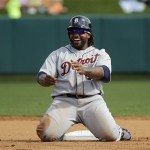 Detroit Tigers' Prince Fielder reacts after breaking up a double play during an exhibition baseball game against the Atlanta Braves, Friday, Feb. 22, 2013, in Kissimmee, Fla. Fielder was out at second and Jhonny Peralta was safe at first. (AP Photo/David J. Phillip)