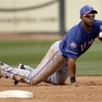 Texas Rangers shortstop Elvis Andrus dishes off the ball to second baseman Ian Kinsler for the first out of a double play hit into by Kansas City Royals' Billy Butler during the third inning of a spring training baseball game Monday, March 5, 2012, in Surprise, Ariz. (AP Photo/Charlie Riedel)