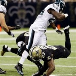 Philadelphia Eagles running back LeSean McCoy (25) rushes against New Orleans Saints free safety Malcolm Jenkins (27) during the first half of an NFL football game at Mercedes-Benz Superdome in New Orleans, Monday, Nov. 5, 2012. (AP Photo/Bill Haber)