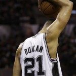 San Antonio Spurs' Tim Duncan (21) reacts during the first half at Game 3 of the NBA Finals basketball series against the Miami Heat, Tuesday, June 11, 2013, in San Antonio. (AP Photo/Eric Gay)