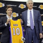 Newly acquired Los Angeles Lakers guard Steve 
Nash, left, holds his new jersey with general 
manager Mitch Kupchak at a news conference at 
the basketball team's headquarters in El 
Segundo, Calif., Wednesday, July 11, 2012. 
The Lakers acquired two-time MVP Nash from 
the Phoenix Suns in exchange for first round 
draft picks in 2013 and 2015 as well as 
second round draft picks in 2013 and 2014, 
Kupchak said. (AP Photo/Reed Saxon)