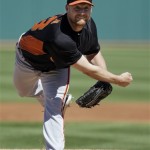  San Francisco Giants' Chad Gaudin pitches against the Cleveland Indians in the first inning of an exhibition spring training baseball game, Thursday, March 7, 2013, in Goodyear, Ariz. (AP Photo/Mark Duncan)