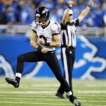 Baltimore Ravens kicker Justin Tucker (9) celebrates after his 61-yard field during the fourth quarter of an NFL football game against the Detroit Lions in Detroit, Monday, Dec. 16, 2013. (AP Photo/Rick Osentoski)
