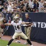 New Orleans Saints wide receiver Andy Tanner (14) celebrates after making a 15-yard touchdown reception against the Houston Texans during the second half of a preseason NFL football game Sunday, Aug. 25, 2013, in Houston. (AP Photo/Patric Schneider)