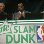  Former NBA players' Julius Erving, Earvin "Magic" Johnson, Jr. and Dominique Wilkins judge the slam dunk contest during the skills competition at the NBA All Star basketball game, Saturday, Feb. 15, 2014, in New Orleans. (AP Photo/Gerald Herbert)