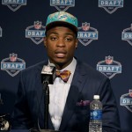 Dion Jordan, from Oregon, speaks during a news conference after being selected third overall by the Miami Dolphins during the first round of the NFL football draft, Thursday, April 25, 2013, at Radio City Music Hall in New York. (AP Photo/Craig Ruttle)