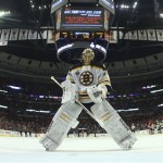 Boston Bruins goalie Tuukka Rask (40) skates back to the crease after a goal by the Chicago Blackhawks in the second period during Game 5 of the NHL hockey Stanley Cup Finals, Saturday, June 22, 2013, in Chicago. The Blackhawks won 3-1. (AP Photo/Bruce Bennett, Pool)
