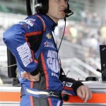 JR Hildebrand watches the race from the pit area during the Indianapolis 500 auto race at Indianapolis Motor Speedway in Indianapolis, Sunday, May 26, 2013. Hildebrand crashed early in the race. (AP Photo/Darron Cummings)