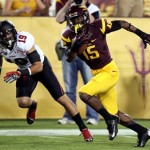 Arizona State wide receiver Rashad Ross, right, sprints past Utah defensive back Quade Chappuis, left, for the end zone in the first quarter of an NCAA college football game, Saturday, Sept. 22, 2012, in Tempe, Ariz. (AP Photo/Paul Connors)
