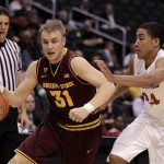 Arizona State's Jonathan Gilling (31) drives away from Stanford's Josh Huestis during the first half of an NCAA college basketball game at the Pac-12 Conference tournament in Los Angeles, Wednesday, March 7, 2012. (AP Photo/Jae C. Hong)