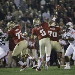  Florida State's Jameis Winston throws during the first half of the NCAA BCS National Championship college football game against Auburn Monday, Jan. 6, 2014, in Pasadena, Calif. (AP Photo/David J. Phillip)