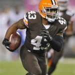 Cleveland Browns strong safety T.J. Ward returns an interception 44 yards for a touchdown in the fourth quarter of an NFL football game against the Buffalo Bills on Thursday, Oct. 3, 2013, in Cleveland. (AP Photo/David Richard)
