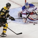 New York Rangers goalie Henrik Lundqvist, right,drops his stick to make a save as Boston Bruins left wing Brad Marchand (63) and Jaromir Jagr hover during the first period in Game 1 of an NHL hockey playoffs Eastern Conference semifinal game in Boston, Thursday, May 16, 2013. (AP Photo/Charles Krupa)
