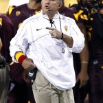 Arizona State head coach Todd Graham calls a play during the first half of an NCAA college football game against Illinois, Saturday, Sept. 8, 2012, in Tempe, Ariz. (AP Photo/Matt York)
